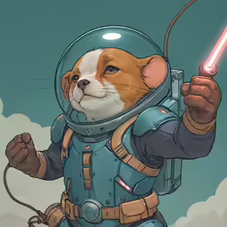 a cat dressed in a space suit holds a small light saber