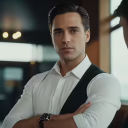 the man is posing with his arms crossed and staring off to the right