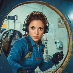 a woman working in a machine shop wearing a helmet and ear muffs
