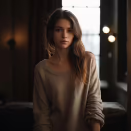 a woman standing in a room with a light on