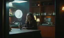 a woman sitting at the counter and smiling