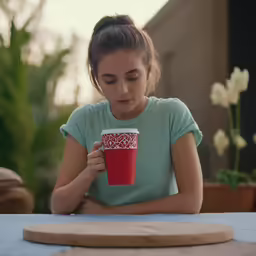 a woman sitting at a table holding a red coffee cup