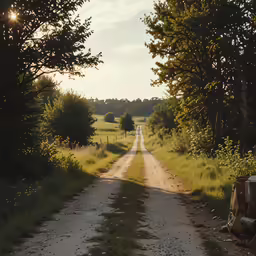 a dirt road on the right side of a grassy field
