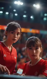 a close up of two girls standing in front of a crowd