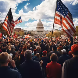 a large group of people gathered together with american flags