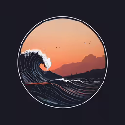 an ocean wave is seen in this graphic art,the silhouette of a large wave at sunset