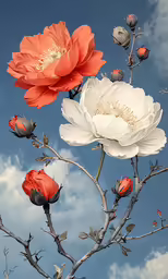 three white and one orange flowers are on the twig