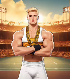 the man with his shirt pulled back stands with his arms crossed,a male character dressed like professional tennis player