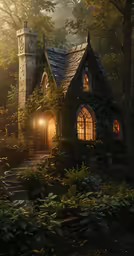 a lit house in a tree filled forest