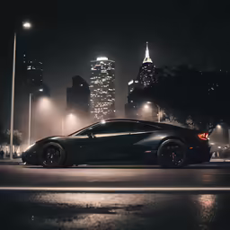a car is parked on the street in front of the city lights