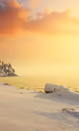 two animals are grazing in the snow by the beach
