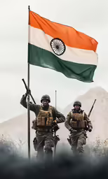 soldiers with rifles, helmets and jackets holding flags