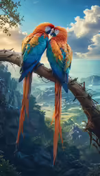 two exotic birds are sitting on a tree branch