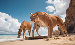two horses are standing on a beach near the water
