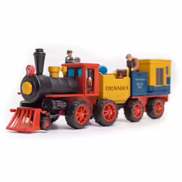 a small toy train on wheels with red tires
