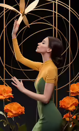 a woman with a fan stands in front of orange roses