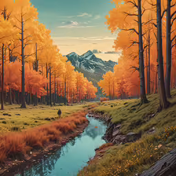 painting of a river with trees and a mountain in the background,a painting of a mountain scene with water and trees