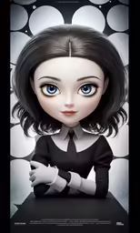 a doll wearing a black and white dress with large blue eyes