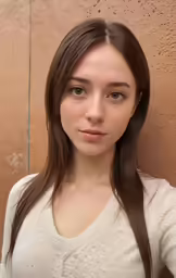 the woman is wearing a white sweater with long brown hair