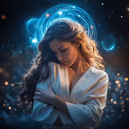 a woman standing in front of an image of water