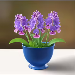 purple flowers in blue glass vase on table