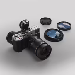 the camera and lens with its lenses open