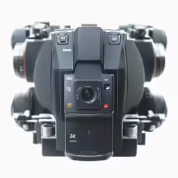 a set of three video cameras with their lens attachments