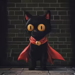 a cute black cat with orange eyes and scarf on