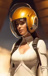 a young woman in white and yellow is posing with a helmet