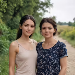 two young girls posing for a photo in front of a dirt road