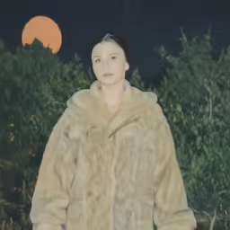 a woman in a mink coat is standing outside at night
