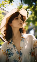 a woman in a hat looks up from the sun