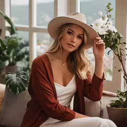 a woman wearing a hat is sitting on a couch with a plant