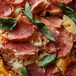 close up shot of some food and green leaves