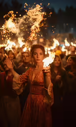 woman wearing a long red dress while standing in the middle of a crowd holding sparklers