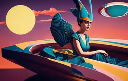 a woman sitting on top of a boat in a sunset,a painting of a woman in a car