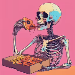 the skeleton is eating food with a cup in its hand