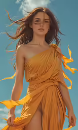 a woman walking in a yellow dress