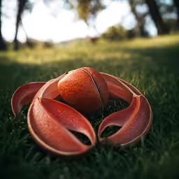 the apple is laying on the grass outside