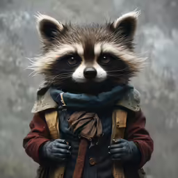 a man wearing a backpack and a raccoon in his lap