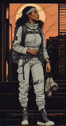 a woman standing in front of a city skyline,a woman wearing a white suit is standing in front of an orange sky