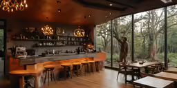a man standing near a bar near two tables