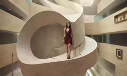 a woman stands in front of the stair railing