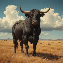 the black bull stands alone in a yellow field