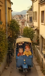two little boys riding on a blue truck with people inside
