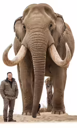 a man and his elephant stand in front of an image