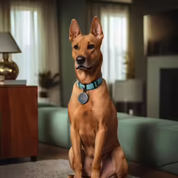 a dog is sitting on the floor in front of a living room