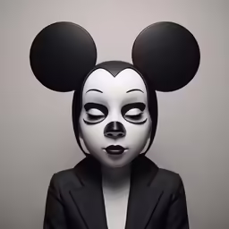 a masked woman is sitting down in front of a mickey mouse