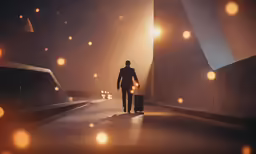 a man is walking down the path holding luggage