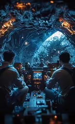 men sitting in front of an airplane with lights on inside